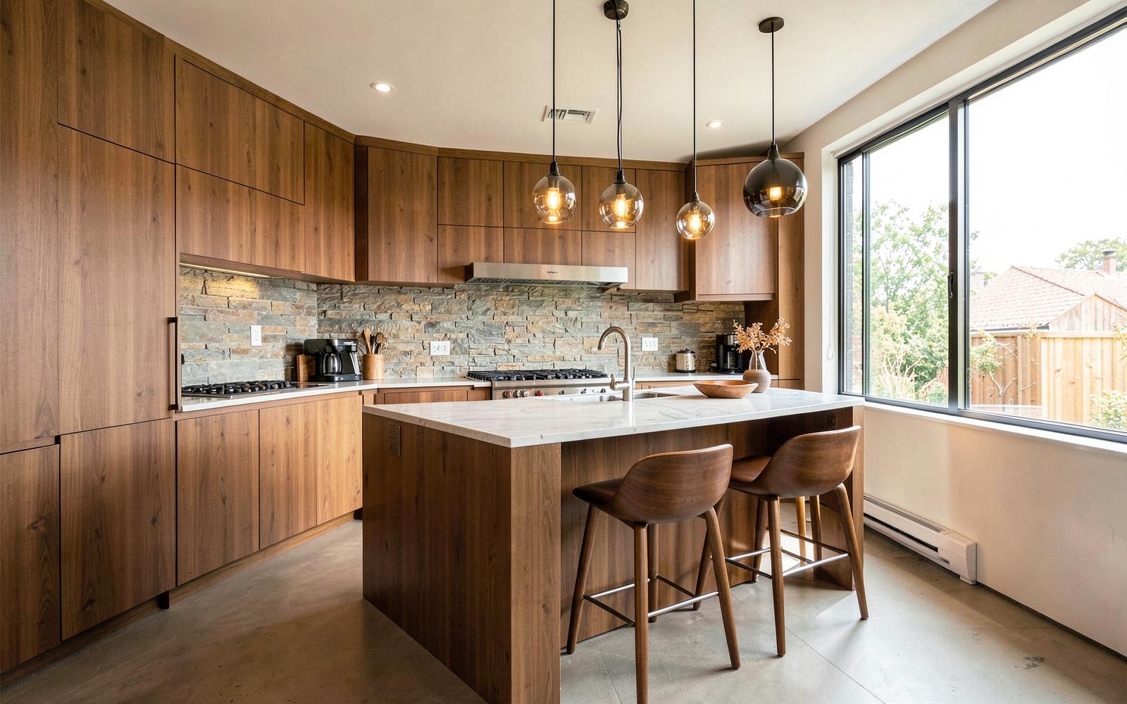 Modern kitchen remodel with island, custom cabinetry and stone backsplash