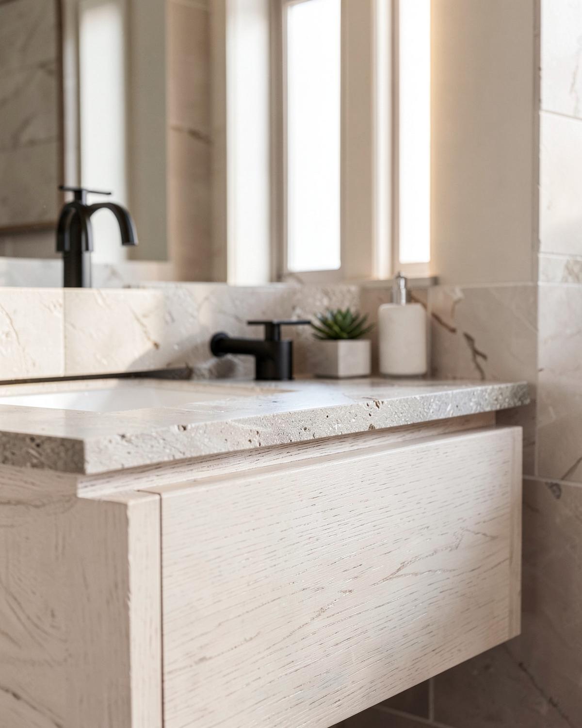Bathroom vanity with stone top and modern fixture